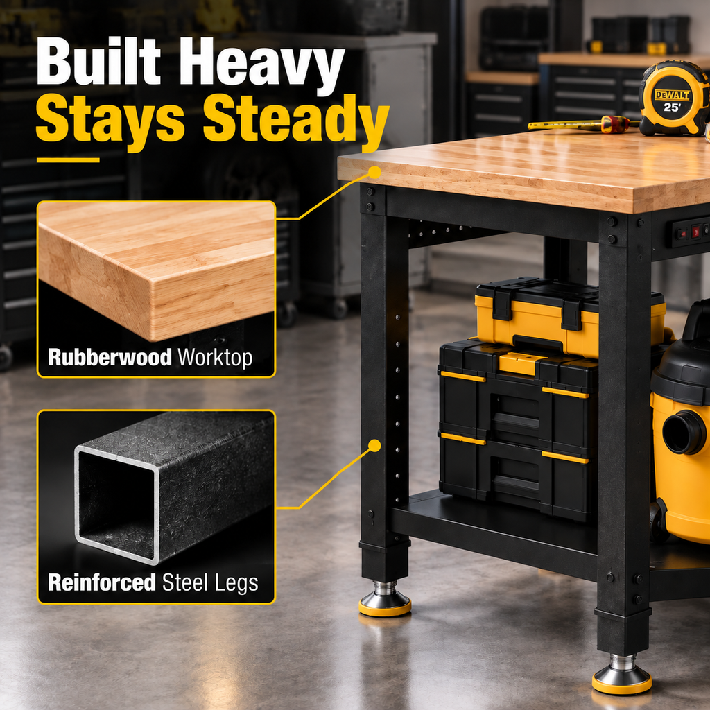 48'' Heavy Duty 2500 LBS Adjustable Workbench with Pegboard & Power Outlet,10-Level Adjustable Height