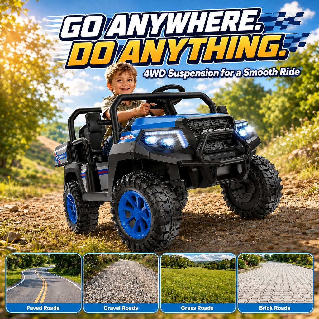 24V Ride on Toys for Big Kids, 4WD Ride on Car w/Remote Control 2-Seater Electric UTV Car, Pickup Trunk Bed, Extra Shovel, Battery Indication, 2 Speeds, Music, Wireless, LED Lights