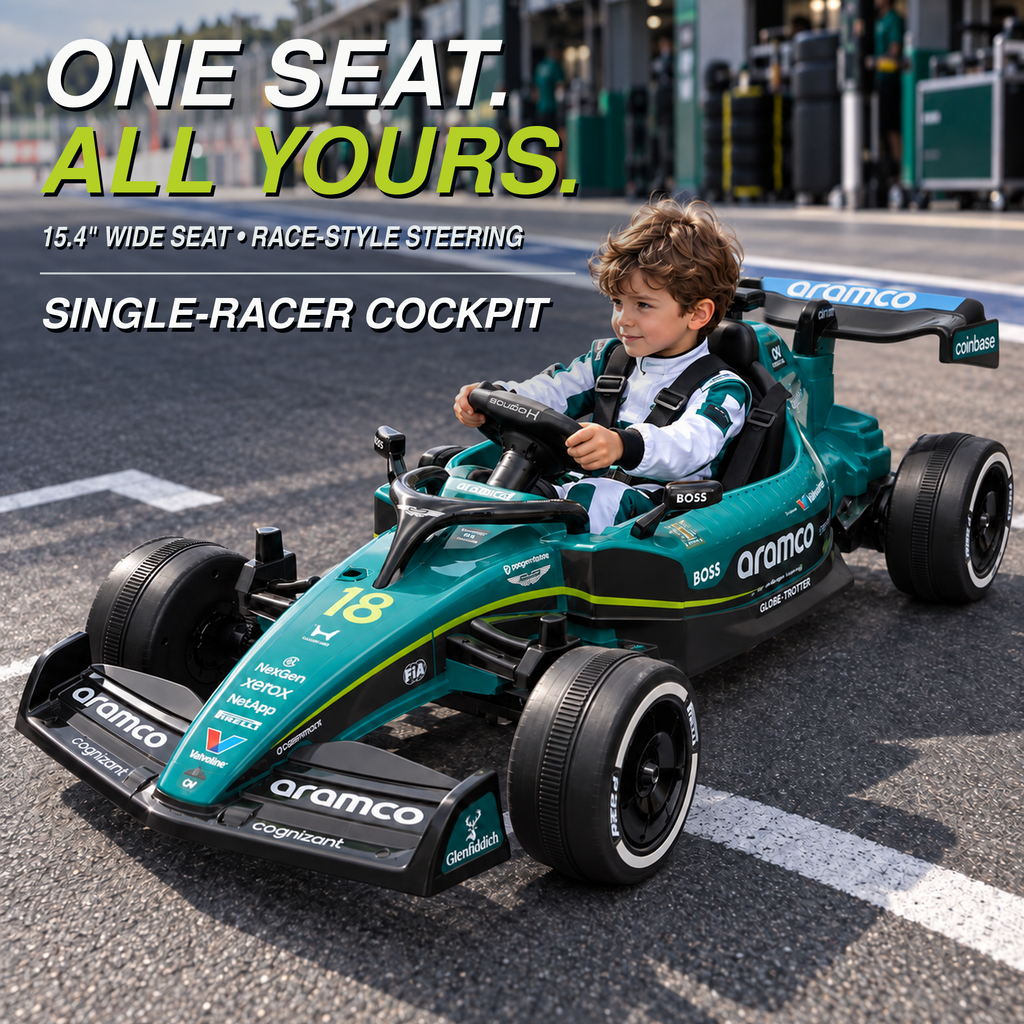 Officially Licensed Aston Martin AMR26 24V F1 Kids Ride-On Car, 4WD, Parent Remote, Up to 4.8 MPH, Bluetooth, Ages 3+, Green
