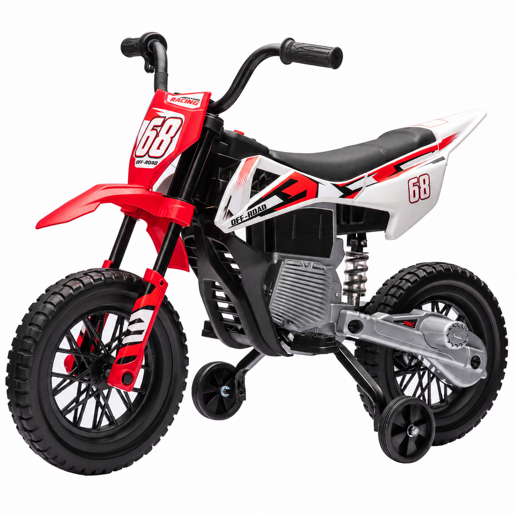 24V Kids Ride-On Motorcycle with Training Wheels, Dual Motors, 2-4 MPH Twist-Grip Throttle, Rear Suspension, Bluetooth Music, Battery Display, Motocross Style Electric Motorbike, Ages 3-8