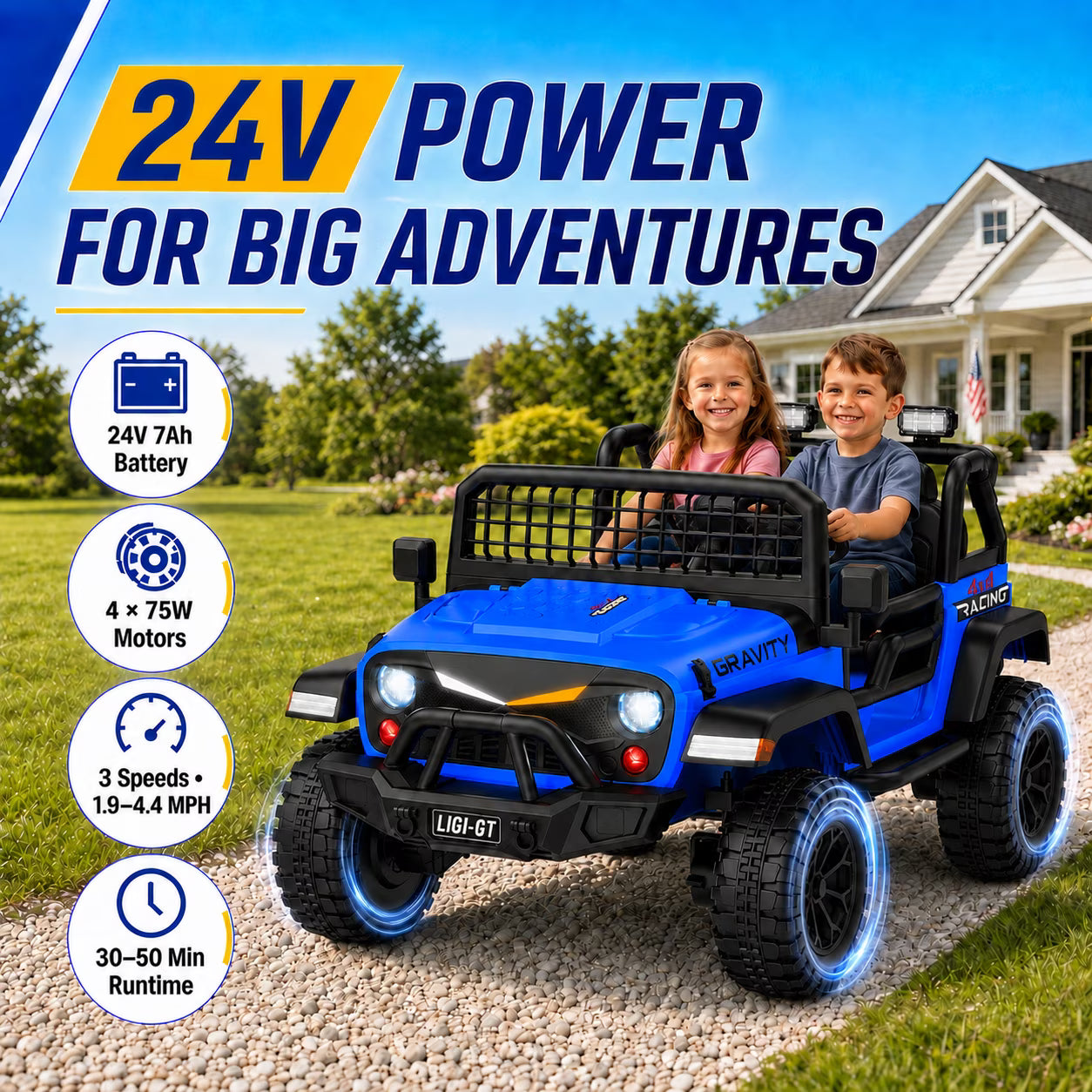 24V 2 Seater Ride On Car for Big Kids, Remote Control, Spring Suspension, LED Lights, Music & Bluetooth, 4WD Electric Vehicle for Kids Ages 3-8