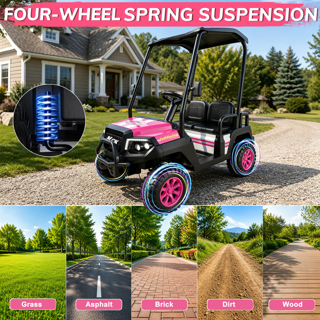 YorRover 4 Seater Kids' Golf Cart, 24V Electric Ride-On, 4×75W Motors, Parental Remote Control, 4WD Spring Suspension, Detachable Awning, Bluetooth & LED Lights, for Kids Ages 3 and up, Pink.