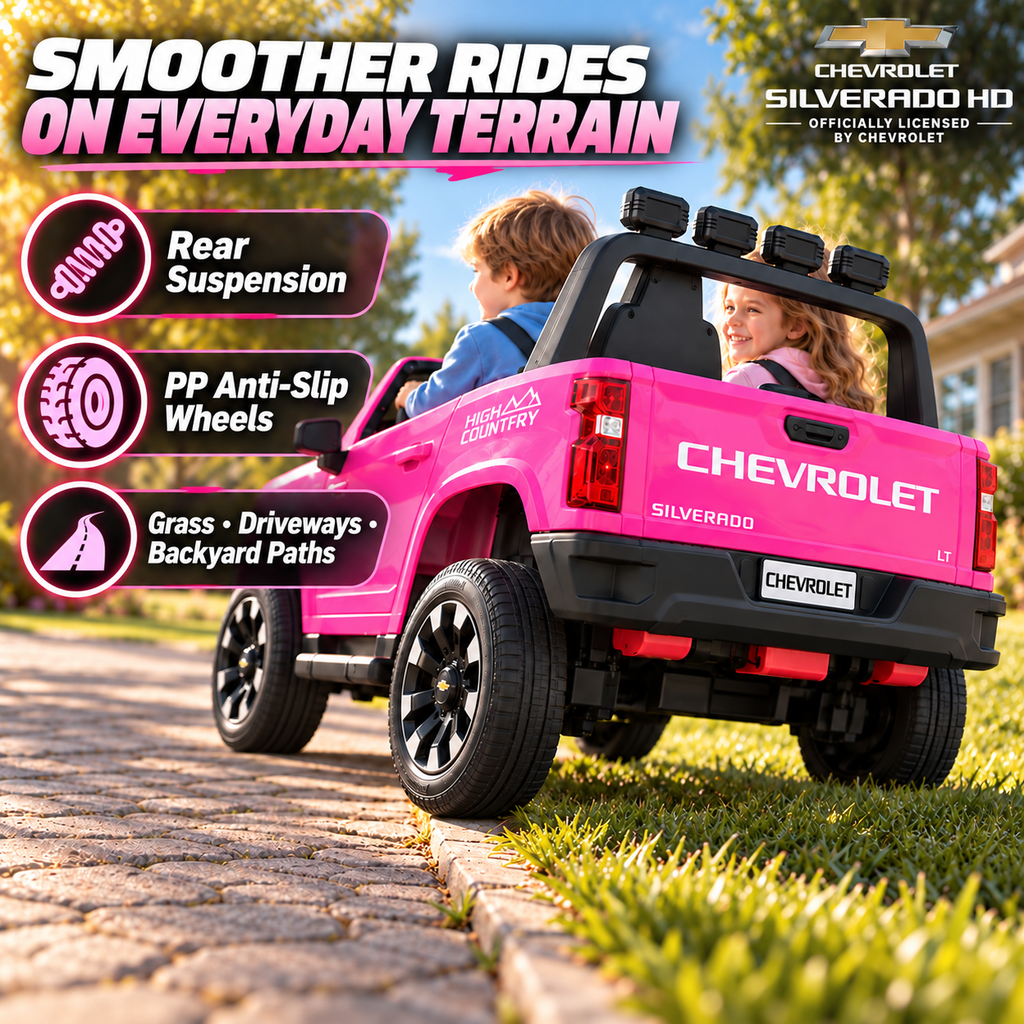 YorRover Officially Licensed Chevrolet Silverado HD 24V 4WD 2-Seater Ride-On Truck, Pink