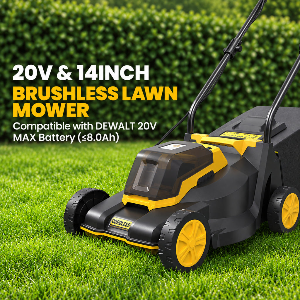 20V 14-Inch Cordless Lawn Mower, 3400 RPM Brushless Motor, 3-Position Cutting Height, Compatible with DEWALT 20V MAX Batteries, Tool Only