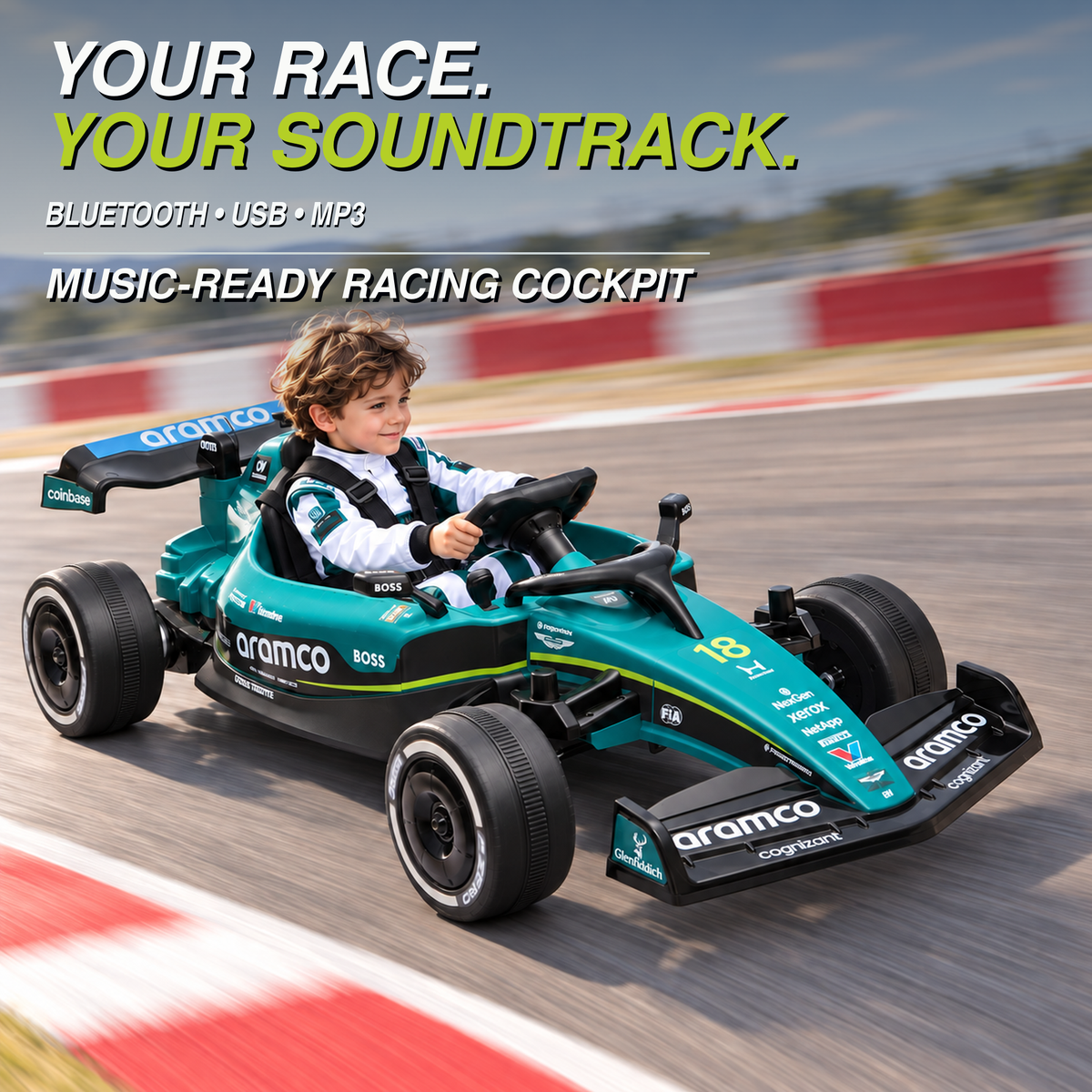 Officially Licensed Aston Martin AMR26 24V F1 Kids Ride-On Car, 4WD, Parent Remote, Up to 4.8 MPH, Bluetooth, Ages 3+, Green