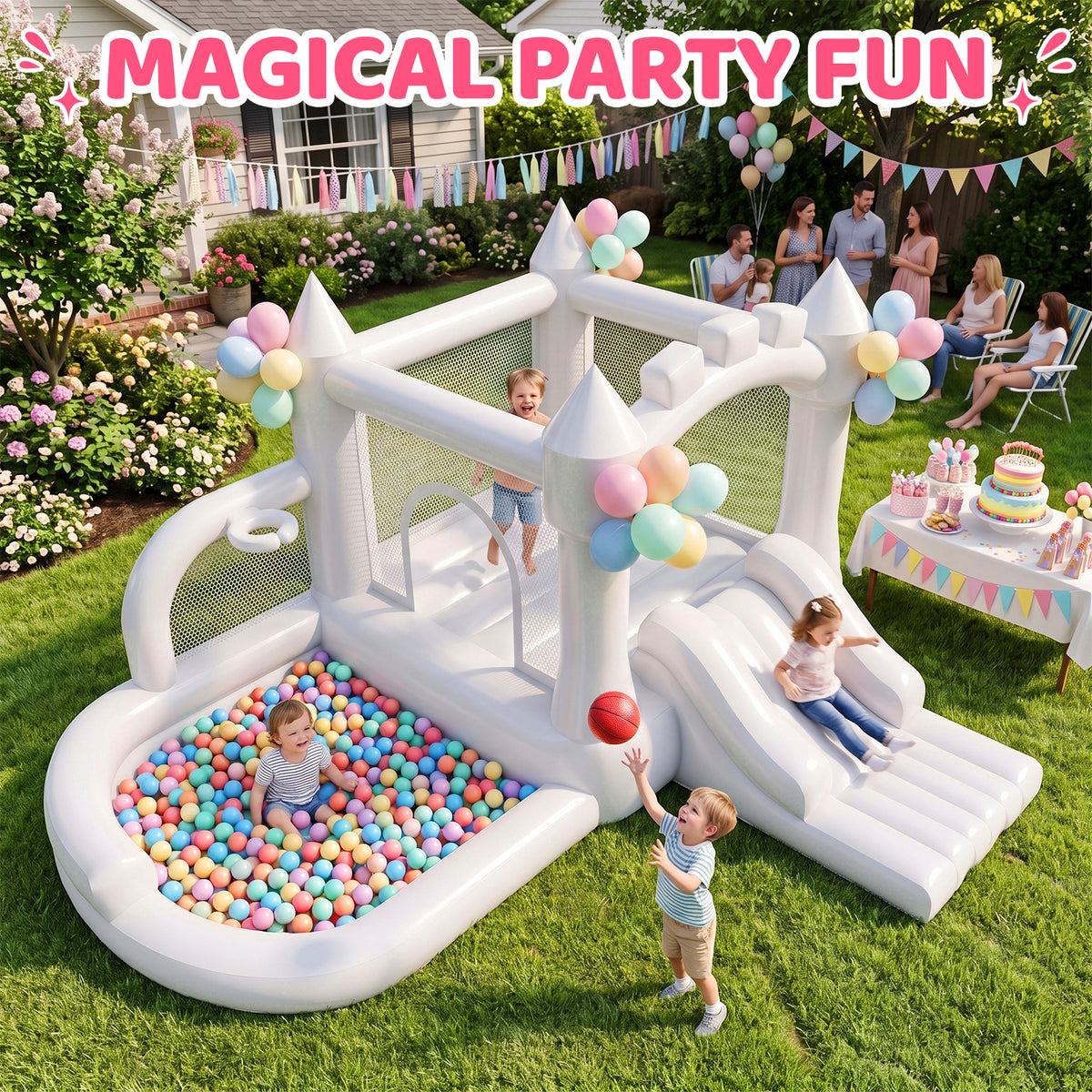 4-in-1 Inflatable Bounce House for Kids with Slide and Ball Pit,featuring safe mesh walls