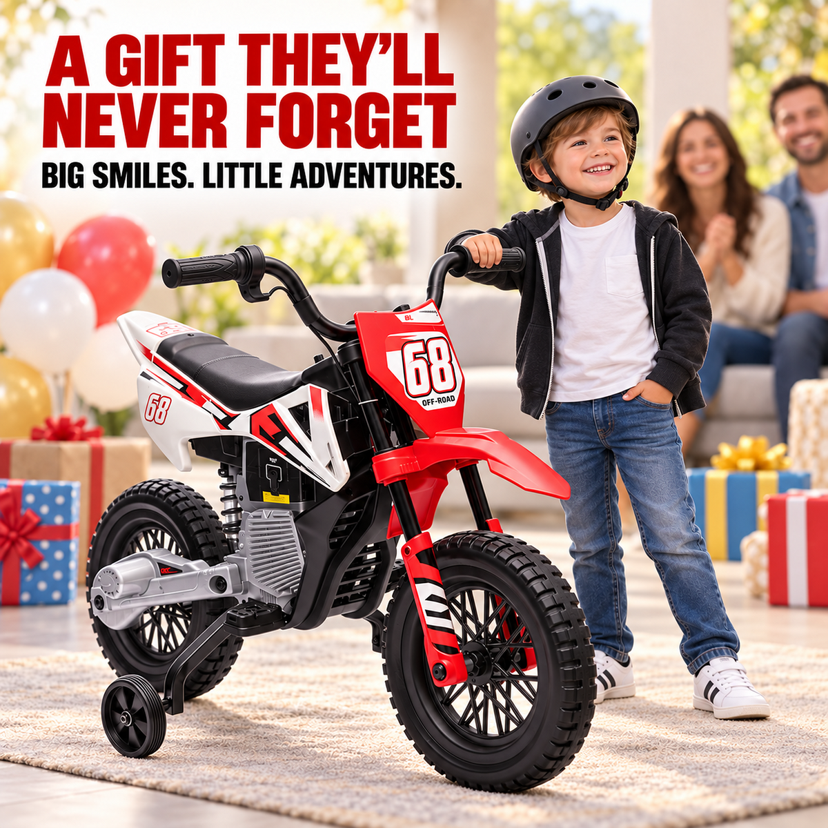 24V Kids Ride-On Motorcycle with Training Wheels, Dual Motors, 2-4 MPH Twist-Grip Throttle, Rear Suspension, Bluetooth Music, Battery Display, Motocross Style Electric Motorbike, Ages 3-8