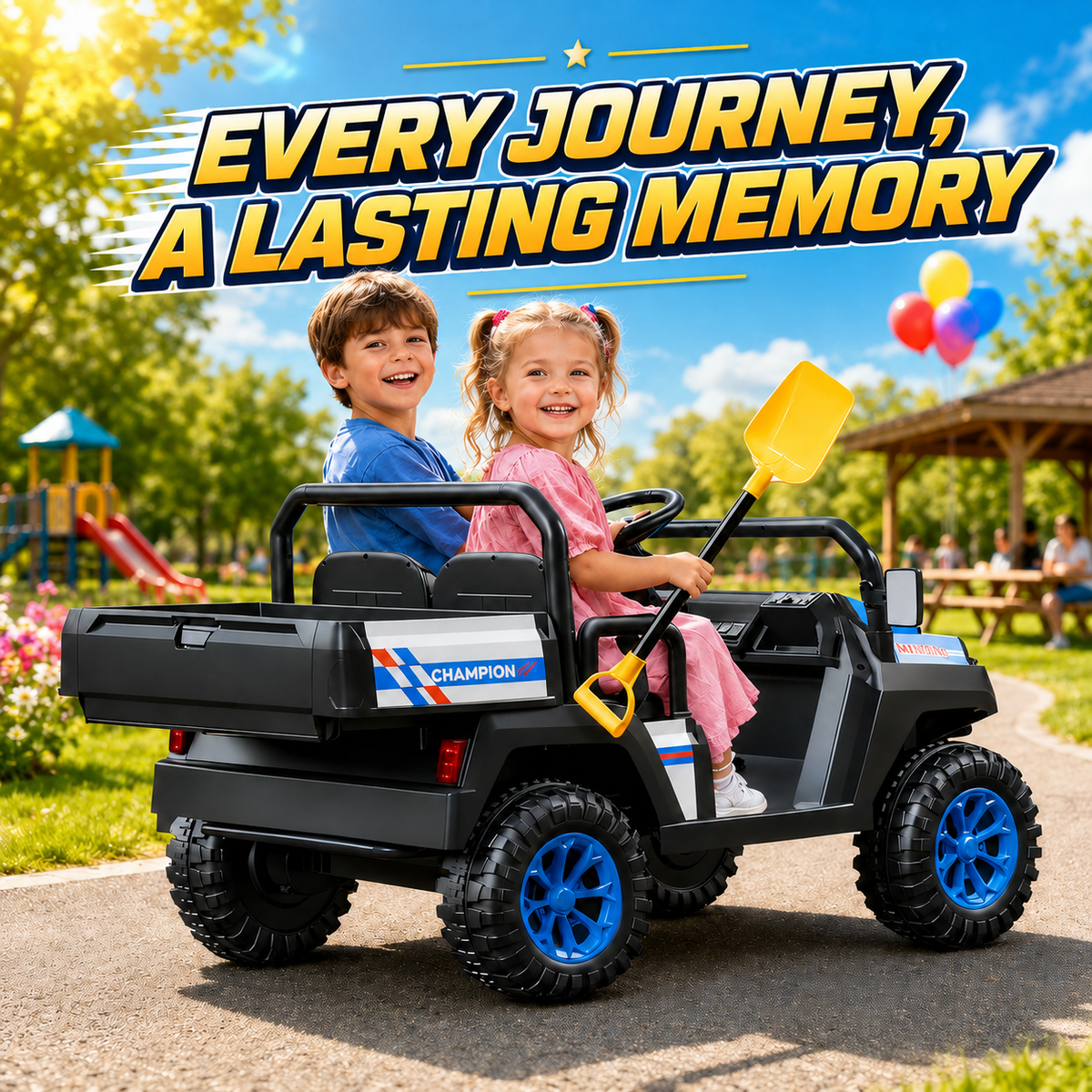 24V Ride on Toys for Big Kids, 4WD Ride on Car w/Remote Control 2-Seater Electric UTV Car, Pickup Trunk Bed, Extra Shovel, Battery Indication, 2 Speeds, Music, Wireless, LED Lights
