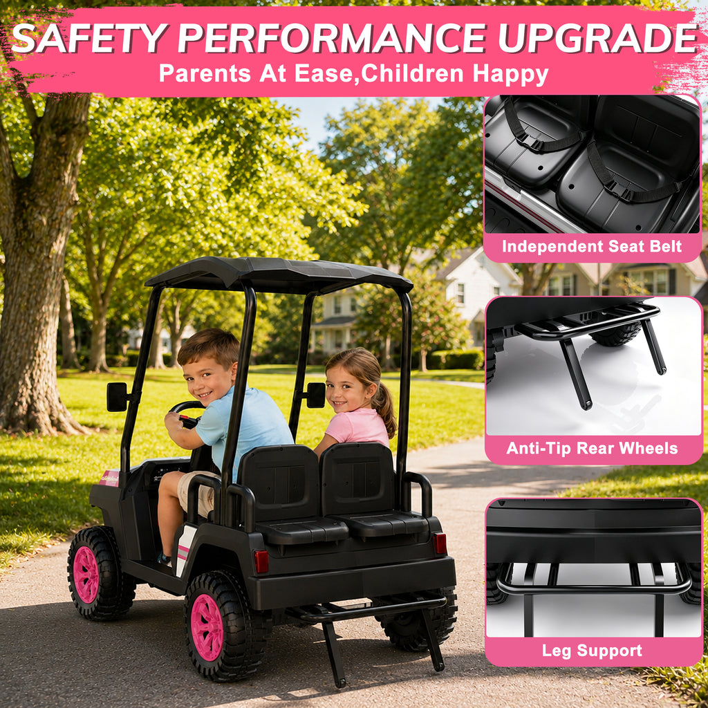 YorRover 4 Seater Kids' Golf Cart, 24V Electric Ride-On, 4×75W Motors, Parental Remote Control, 4WD Spring Suspension, Detachable Awning, Bluetooth & LED Lights, for Kids Ages 3 and up, Pink.