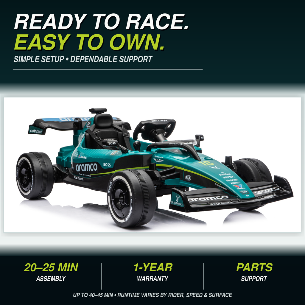 Officially Licensed Aston Martin AMR26 24V F1 Kids Ride-On Car, 4WD, Parent Remote, Up to 4.8 MPH, Bluetooth, Ages 3+, Green