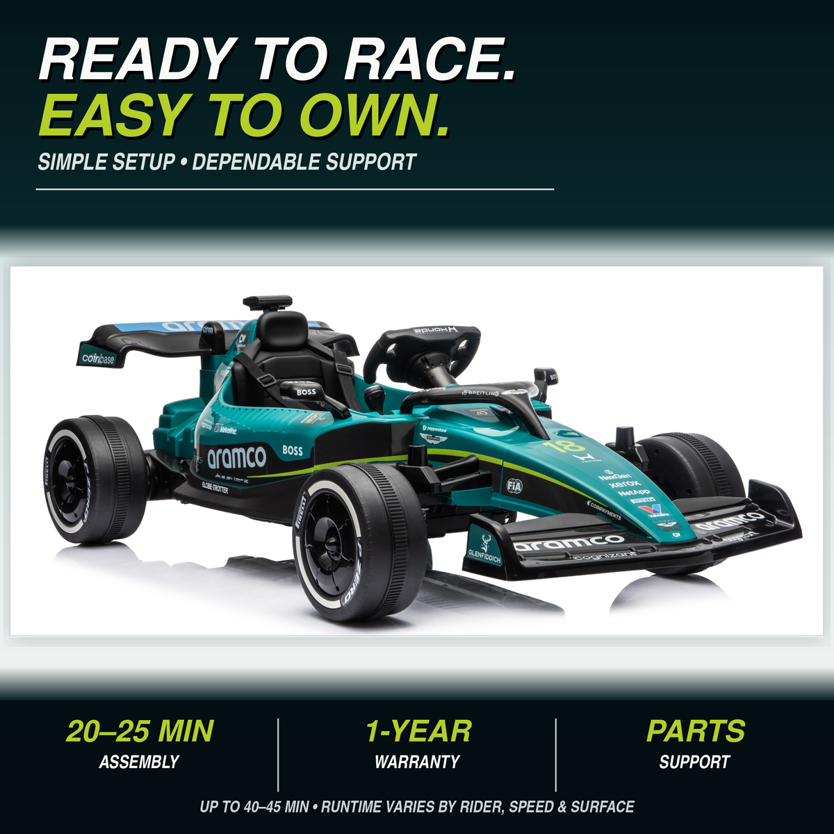 Officially Licensed Aston Martin AMR26 24V F1 Kids Ride-On Car, 4WD, Parent Remote, Up to 4.8 MPH, Bluetooth, Ages 3+, Green
