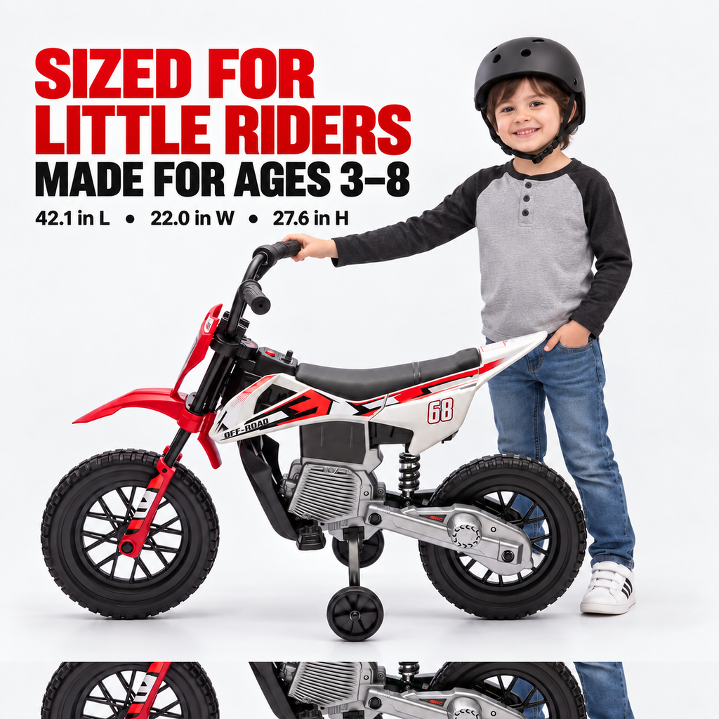 24V Kids Ride-On Motorcycle with Training Wheels, Dual Motors, 2-4 MPH Twist-Grip Throttle, Rear Suspension, Bluetooth Music, Battery Display, Motocross Style Electric Motorbike, Ages 3-8