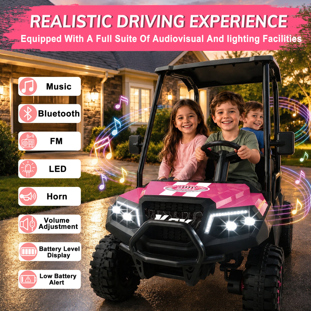 YorRover 4 Seater Kids' Golf Cart, 24V Electric Ride-On, 4×75W Motors, Parental Remote Control, 4WD Spring Suspension, Detachable Awning, Bluetooth & LED Lights, for Kids Ages 3 and up, Pink.