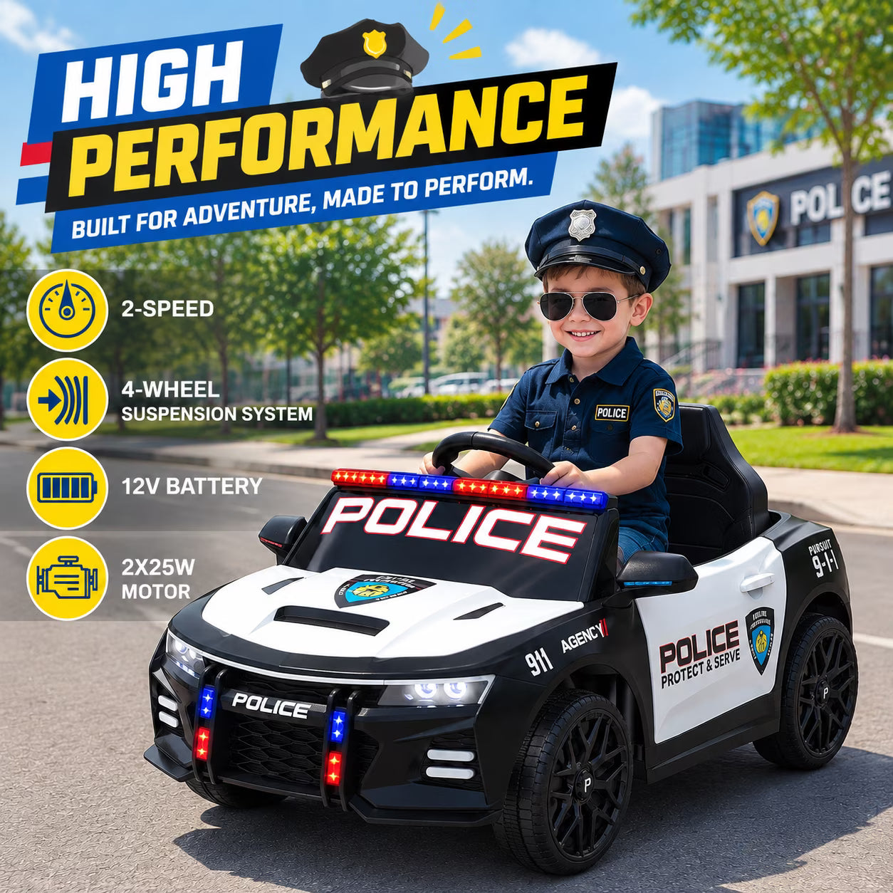 Kids Ride On Police Car, 12V Electric Car w/2.4G Remote Control, Siren, Speaker & Flashing Police Lights, Bluetooth Music & USB, Birthday & Christmas Gift for Kids Ages 3-5