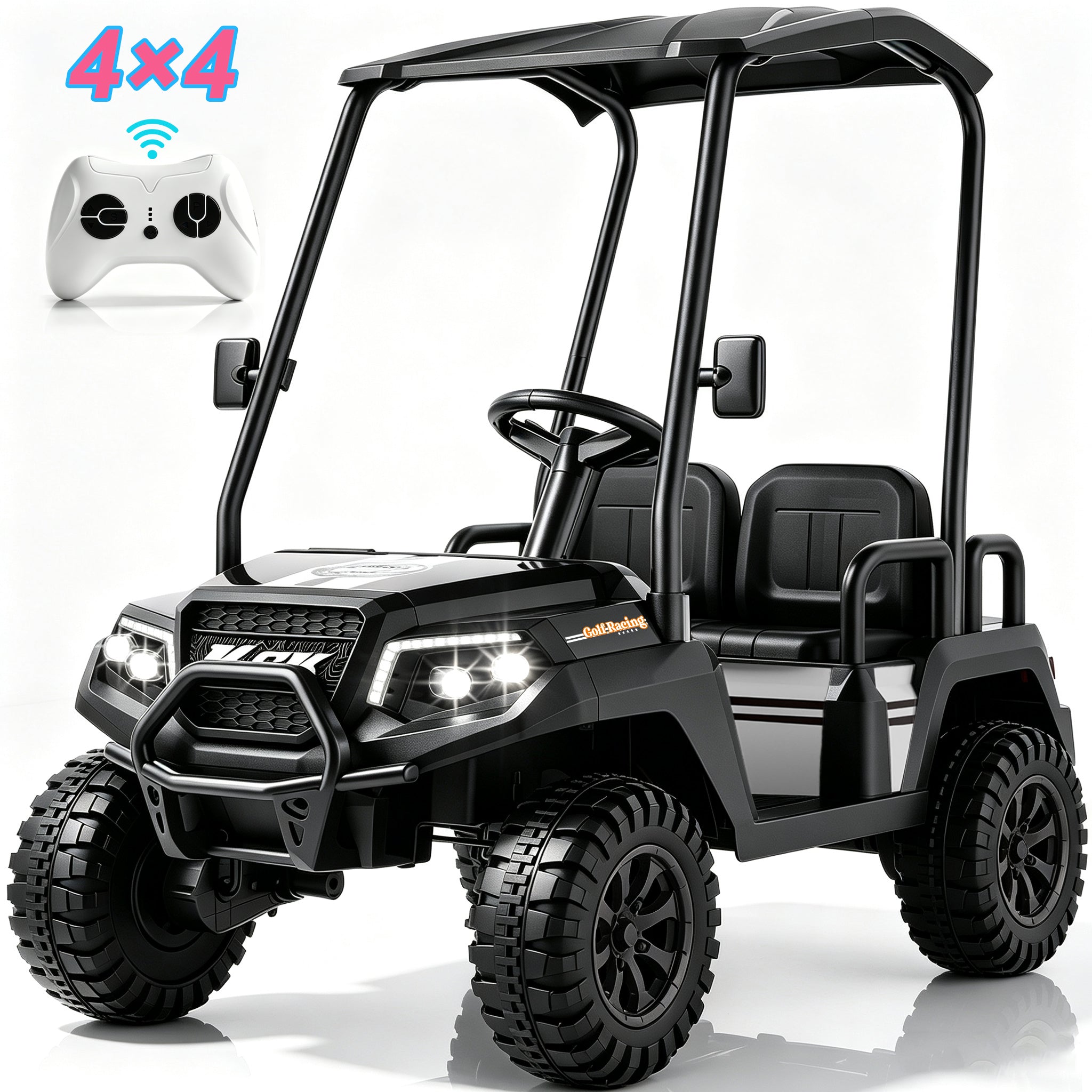 YorRover 4 Seater Kids' Golf Cart, 24V Electric Ride-On, 4×75W Motors, Parental Remote Control, 4WD Spring Suspension, Detachable Awning, Bluetooth & LED Lights, for Kids Ages 3 and up, Pink.