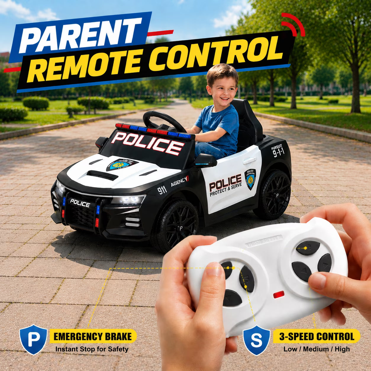 Kids Ride On Police Car, 12V Electric Car w/2.4G Remote Control, Siren, Speaker & Flashing Police Lights, Bluetooth Music & USB, Birthday & Christmas Gift for Kids Ages 3-5