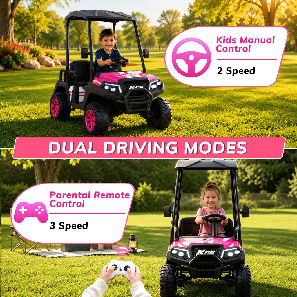 YorRover 4 Seater Kids' Golf Cart, 24V Electric Ride-On, 4×75W Motors, Parental Remote Control, 4WD Spring Suspension, Detachable Awning, Bluetooth & LED Lights, for Kids Ages 3 and up, Pink.