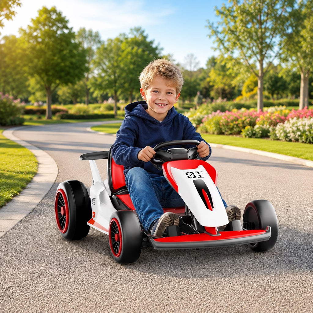 Electric Go Kart for Kids Ages 6-12, 24V Ride On Toy with 300W Motor, 5 MPH Top Speed, Slick Tires for Drifting, Soft Start, 5-Point Safety Harness, Bluetooth Music, Ideal Gift for Kids