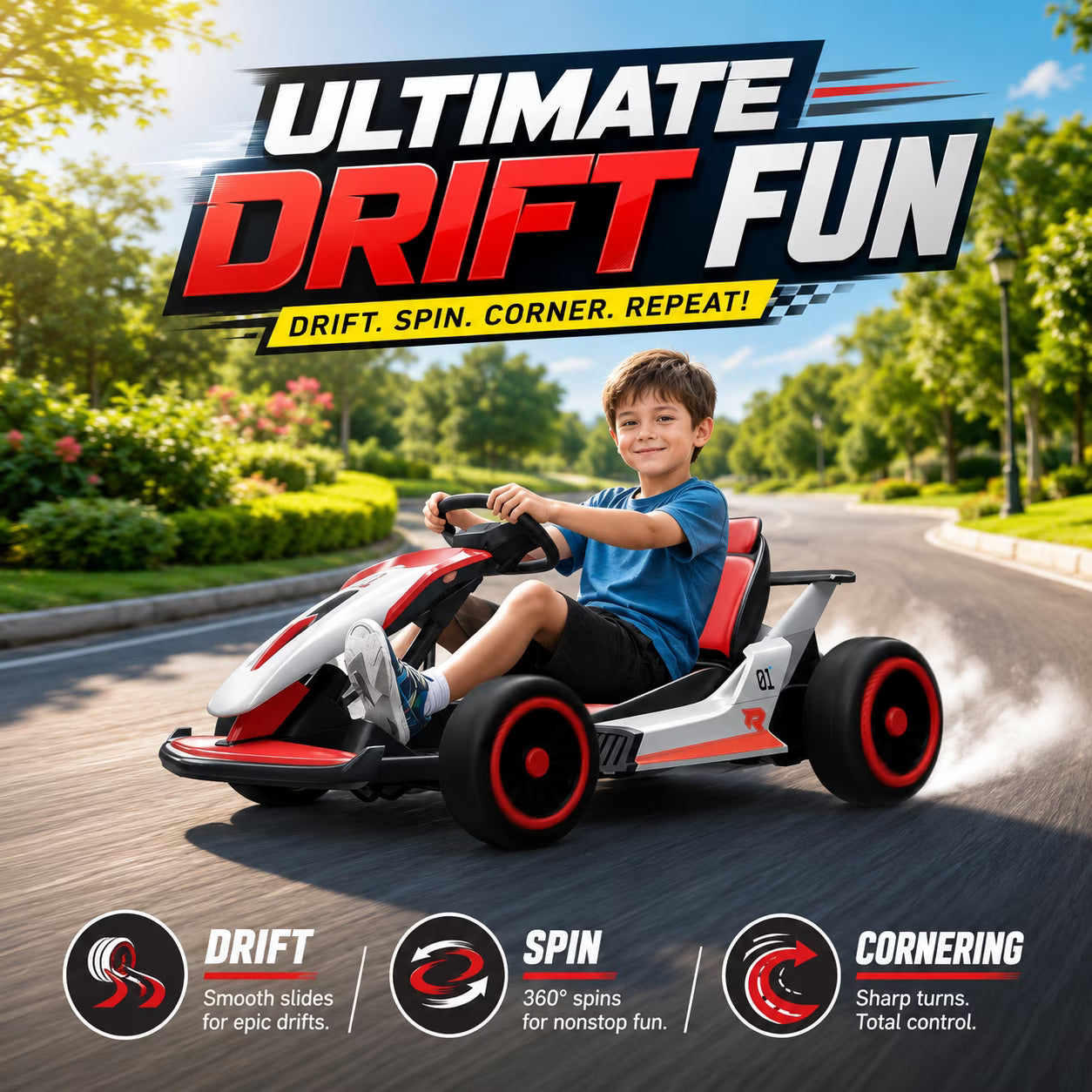 Electric Go Kart for Kids Ages 6-12, 24V Ride On Toy with 300W Motor, 5 MPH Top Speed, Slick Tires for Drifting, Soft Start, 5-Point Safety Harness, Bluetooth Music, Ideal Gift for Kids