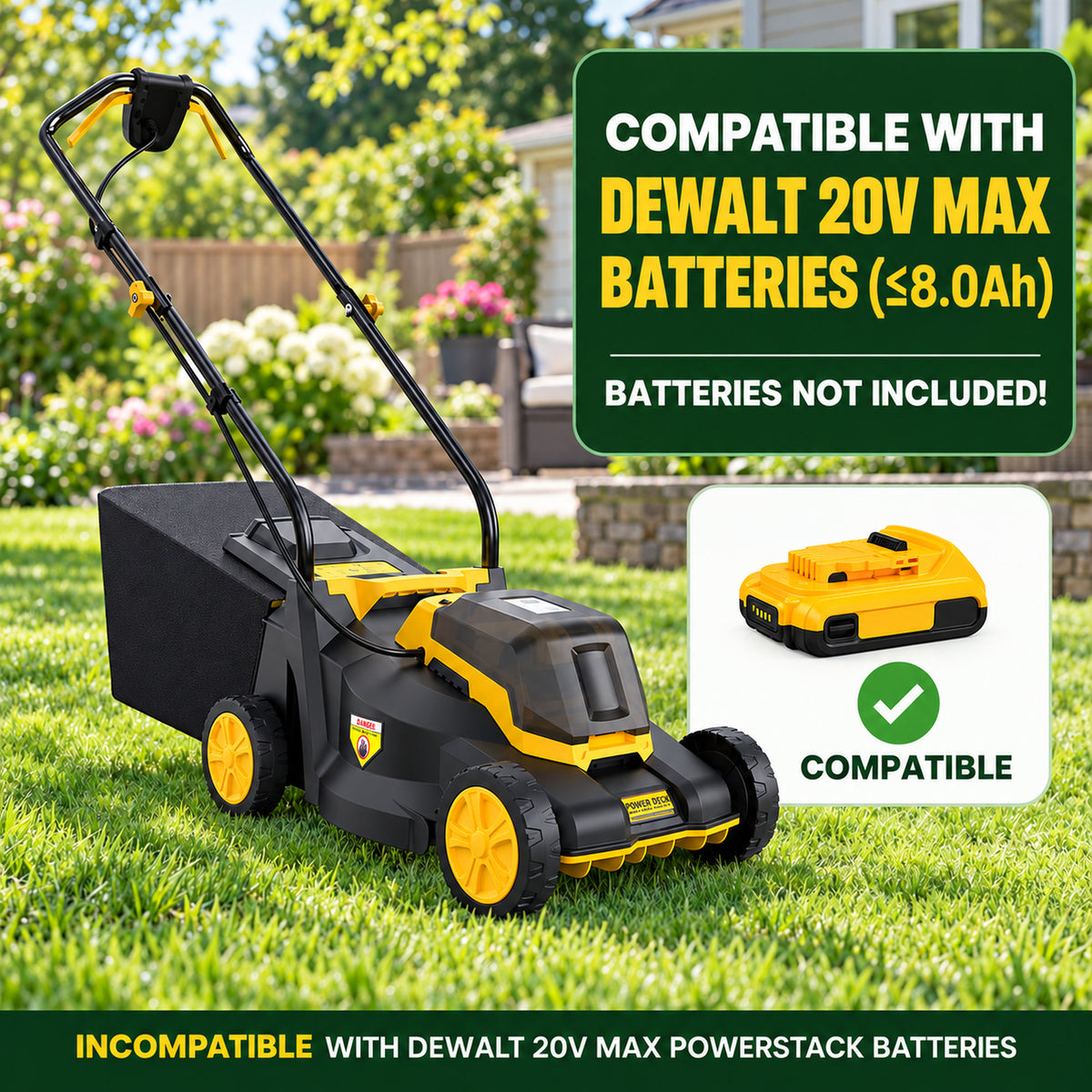 20V 14-Inch Cordless Lawn Mower, 3400 RPM Brushless Motor, 3-Position Cutting Height, Compatible with DEWALT 20V MAX Batteries, Tool Only