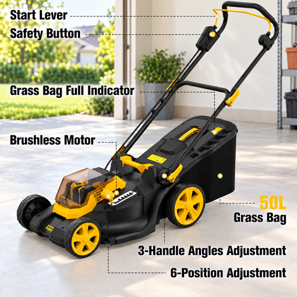 2 x 20V Cordless Lawn Mower, 19-Inch Brushless Push Mower, 6 Cutting Heights, 2-in-1 Mulching & Bagging, 50L Grass Bag, Compatible with DEWALT 20V MAX Batteries, Batteries Not Included