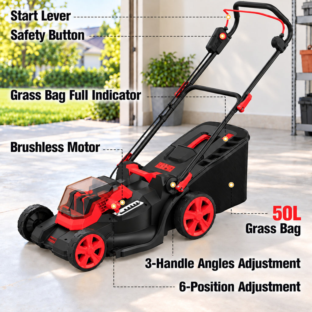 2 x 18V Cordless Lawn Mower, 19-Inch Brushless Push Mower, 6 Cutting Heights, 2-in-1 Mulching & Bagging, 50L Grass Bag, Compatible with Milwaukee 18V  Battery, Batteries Not Included