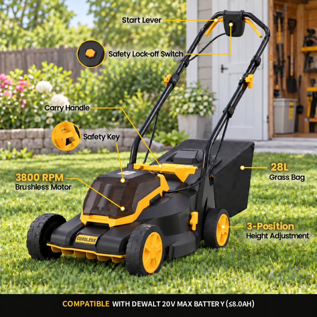 20V 14-Inch Cordless Lawn Mower, 3400 RPM Brushless Motor, 3-Position Cutting Height, Compatible with DEWALT 20V MAX Batteries, Tool Only