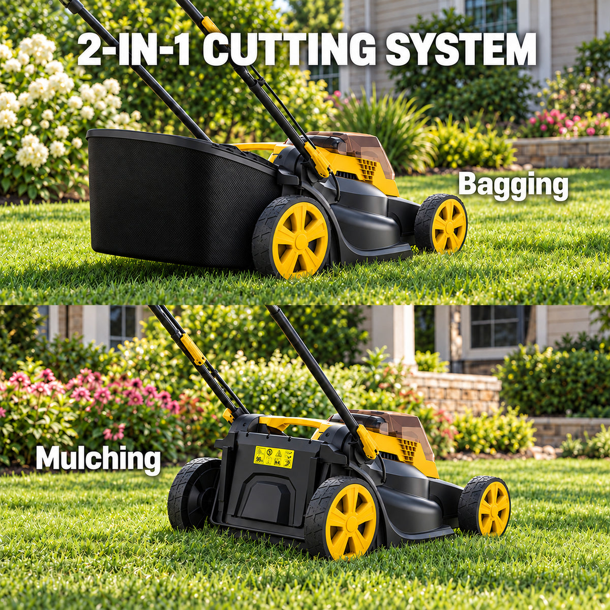 2 x 20V Cordless Lawn Mower, 19-Inch Brushless Push Mower, 6 Cutting Heights, 2-in-1 Mulching & Bagging, 50L Grass Bag, Compatible with DEWALT 20V MAX Batteries, Batteries Not Included