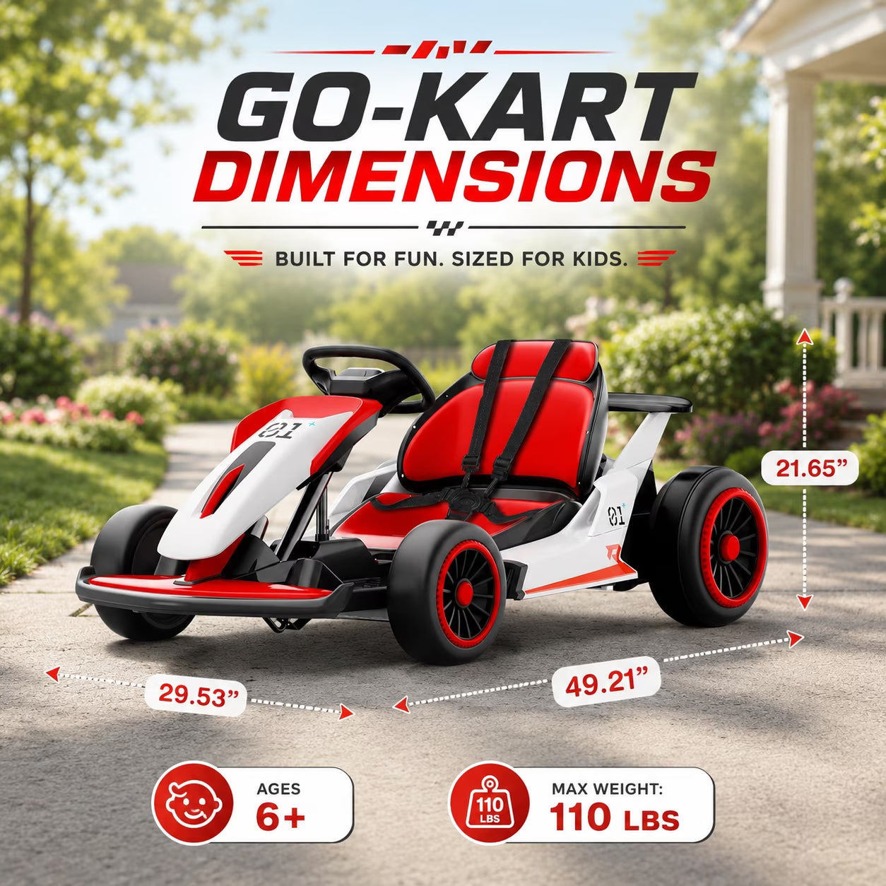 Electric Go Kart for Kids Ages 6-12, 24V Ride On Toy with 300W Motor, 5 MPH Top Speed, Slick Tires for Drifting, Soft Start, 5-Point Safety Harness, Bluetooth Music, Ideal Gift for Kids
