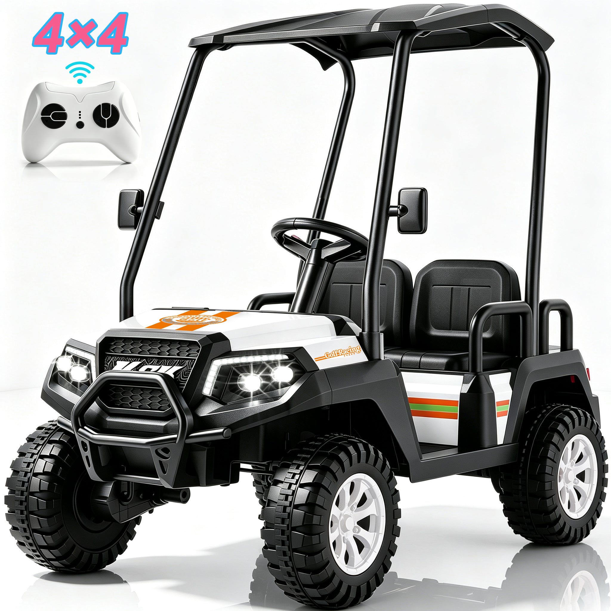 YorRover 4 Seater Kids' Golf Cart, 24V Electric Ride-On, 4×75W Motors, Parental Remote Control, 4WD Spring Suspension, Detachable Awning, Bluetooth & LED Lights, for Kids Ages 3 and up, Pink.