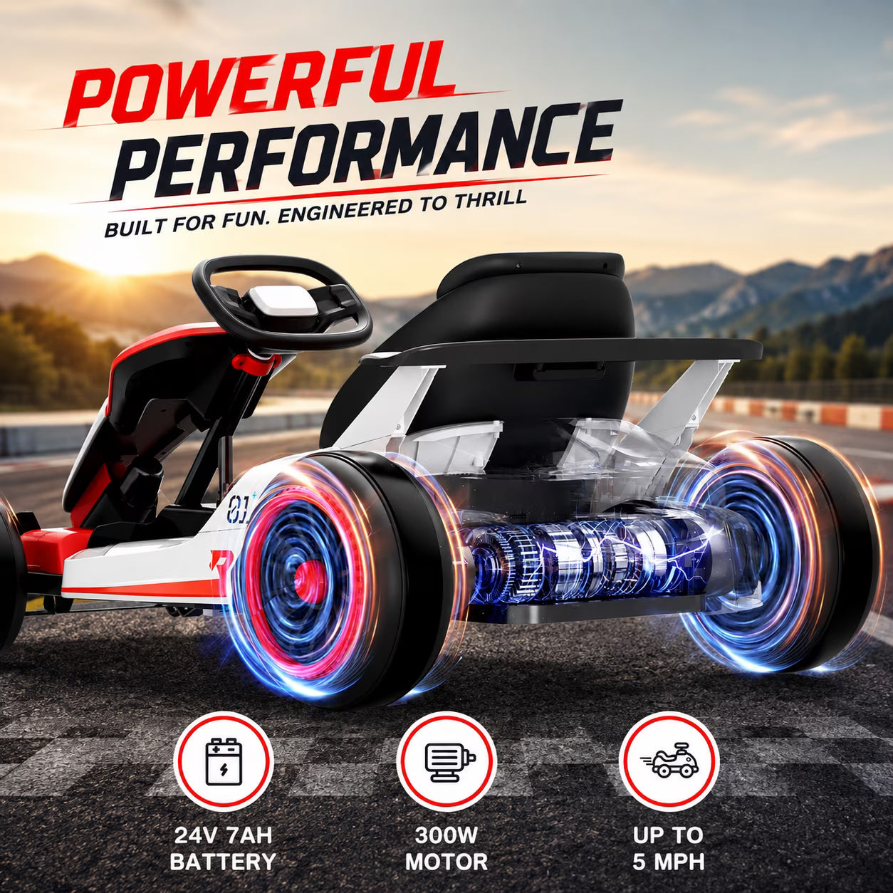 Electric Go Kart for Kids Ages 6-12, 24V Ride On Toy with 300W Motor, 5 MPH Top Speed, Slick Tires for Drifting, Soft Start, 5-Point Safety Harness, Bluetooth Music, Ideal Gift for Kids