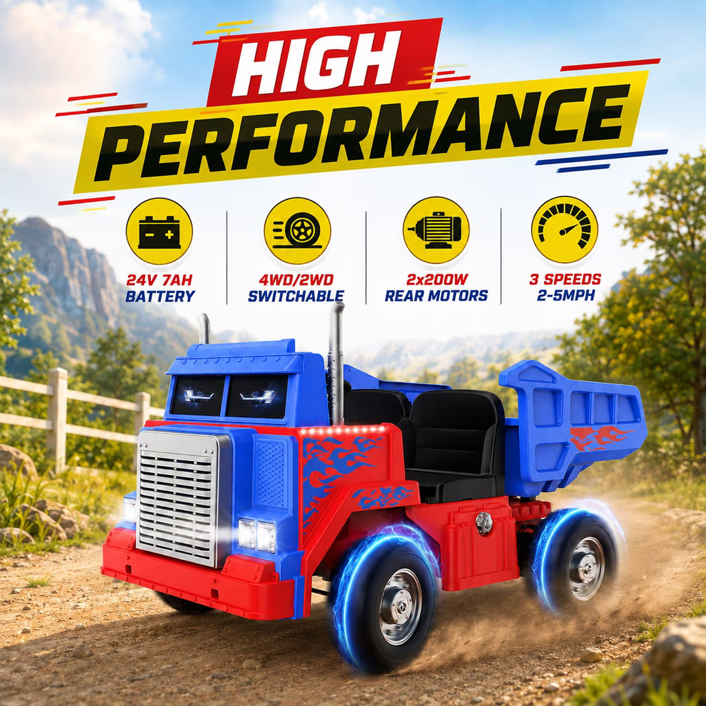 Kids Electric Dump Truck, 24V 400W 2WD/4WD Ride On Truck with Power-Lift Dump Bed, 24" Spacious 2-Seater, Parent Remote Control, Soft Start, Bluetooth & USB, Ages 3-8