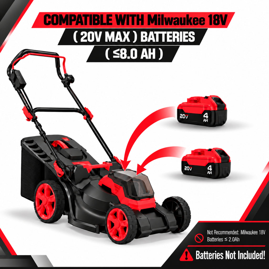 2 x 18V Cordless Lawn Mower, 19-Inch Brushless Push Mower, 6 Cutting Heights, 2-in-1 Mulching & Bagging, 50L Grass Bag, Compatible with Milwaukee 18V  Battery, Batteries Not Included