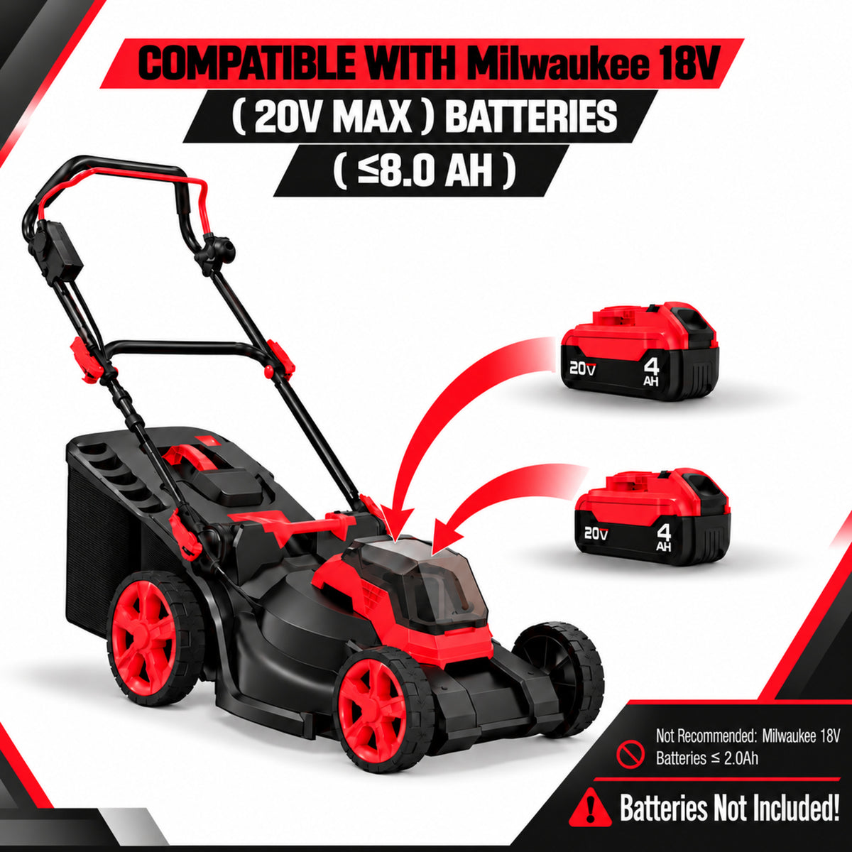 2 x 18V Cordless Lawn Mower, 19-Inch Brushless Push Mower, 6 Cutting Heights, 2-in-1 Mulching & Bagging, 50L Grass Bag, Compatible with Milwaukee 18V  Battery, Batteries Not Included